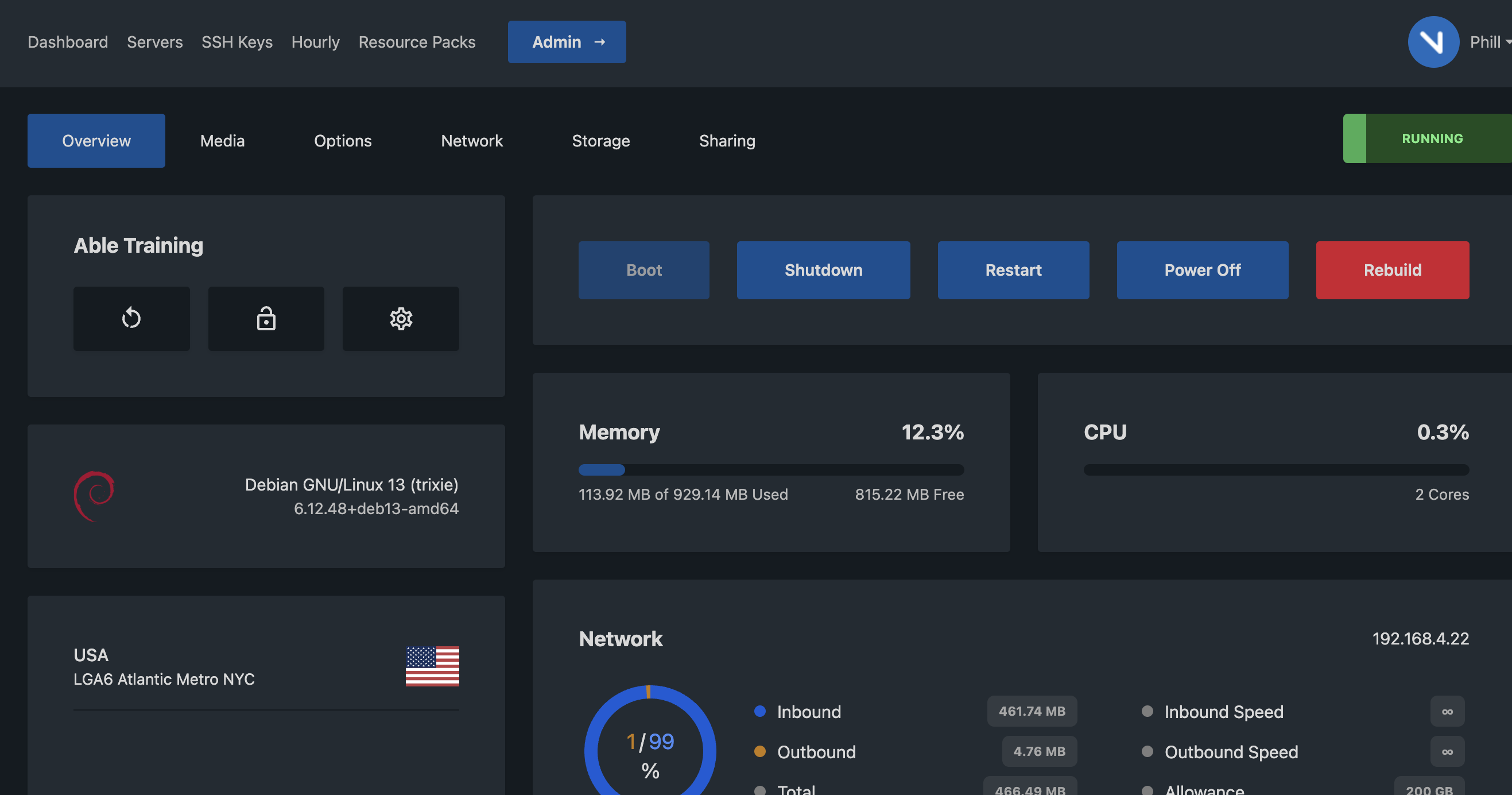 VirtFusion server overview: boot, shutdown, restart, power off and rebuild controls; OS, memory, CPU and network usage for a running VPS
